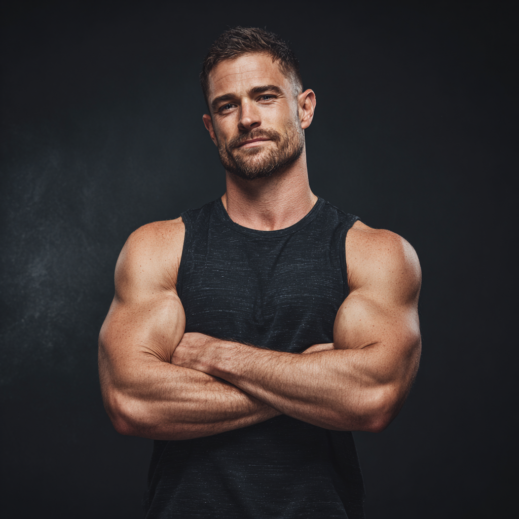 Confident muscular man in workout gear standing with arms crossed, displaying determination and strength